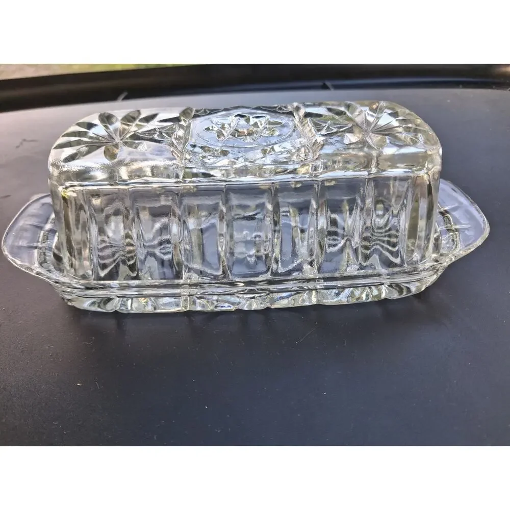 Anchor Hocking Star Of David American Prescut Glass Covered Butter Dish